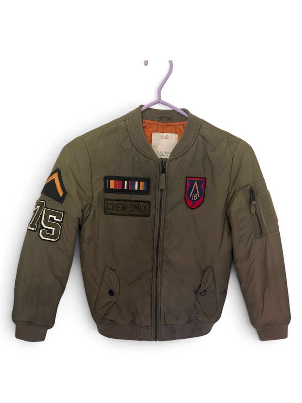 Boys Zara Size 8 Olive Green Puffer Bomber Jacket with Patch Details